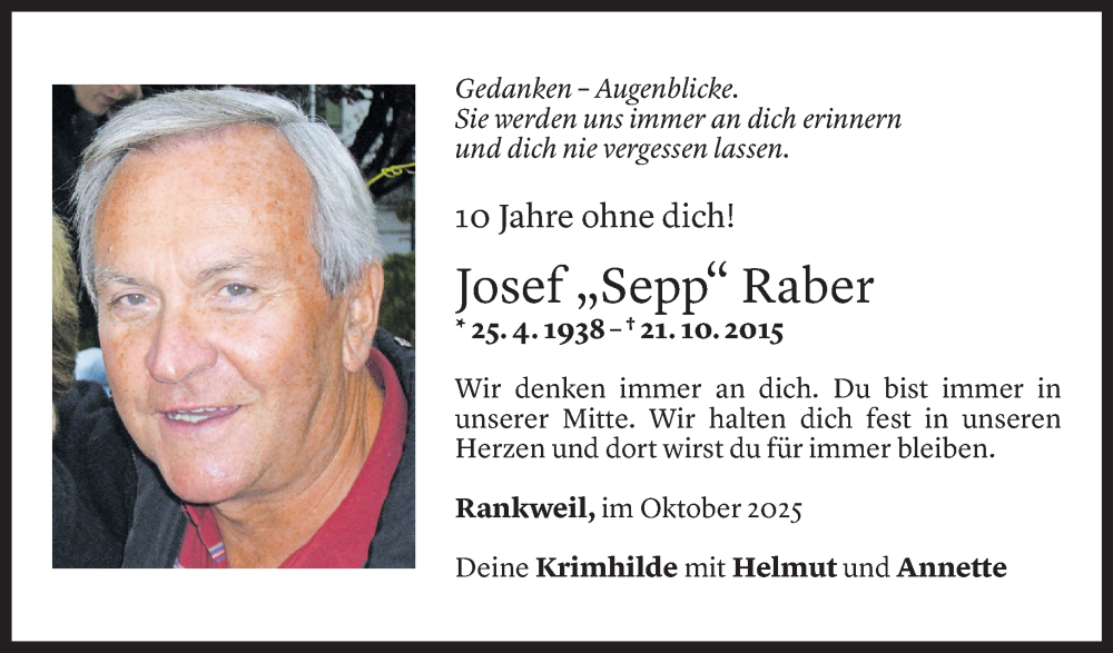  Todesanzeige für Josef Raber vom 20.10.2025 aus Vorarlberger Nachrichten