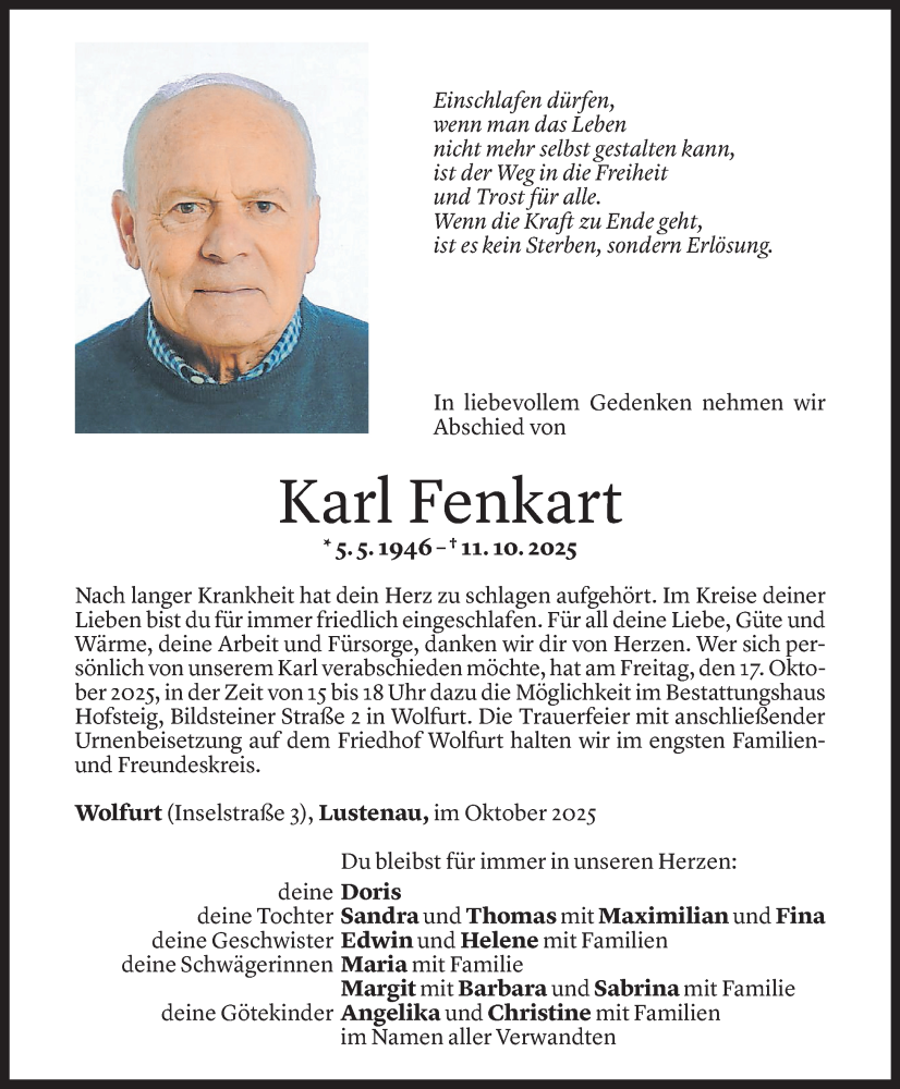  Todesanzeige für Karl Fenkart vom 14.10.2025 aus Vorarlberger Nachrichten
