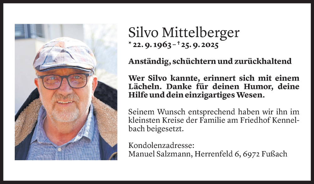  Todesanzeige für Silvo Mittelberger vom 11.10.2025 aus Vorarlberger Nachrichten