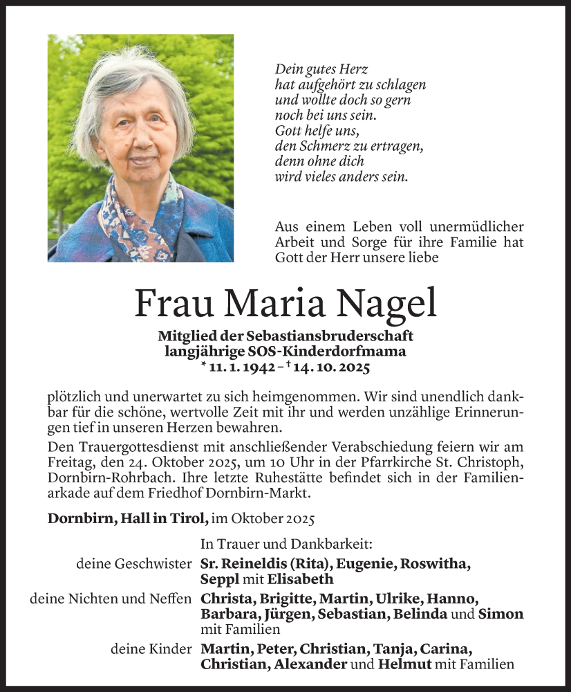  Todesanzeige für Maria Nagel vom 17.10.2025 aus Vorarlberger Nachrichten