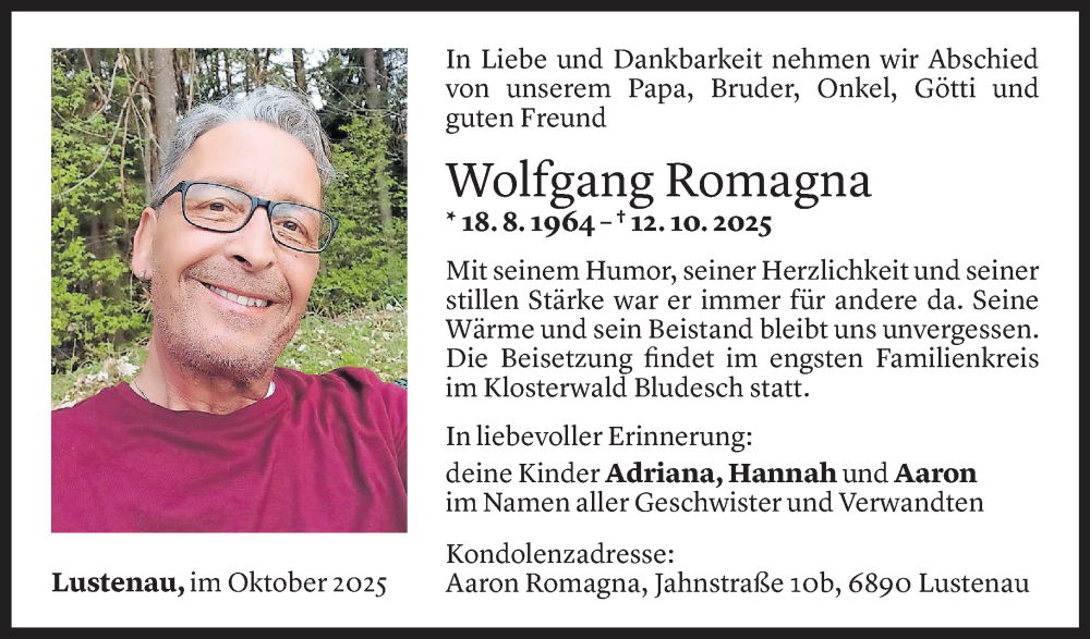  Todesanzeige für Wolfgang Romagna vom 16.10.2025 aus Vorarlberger Nachrichten