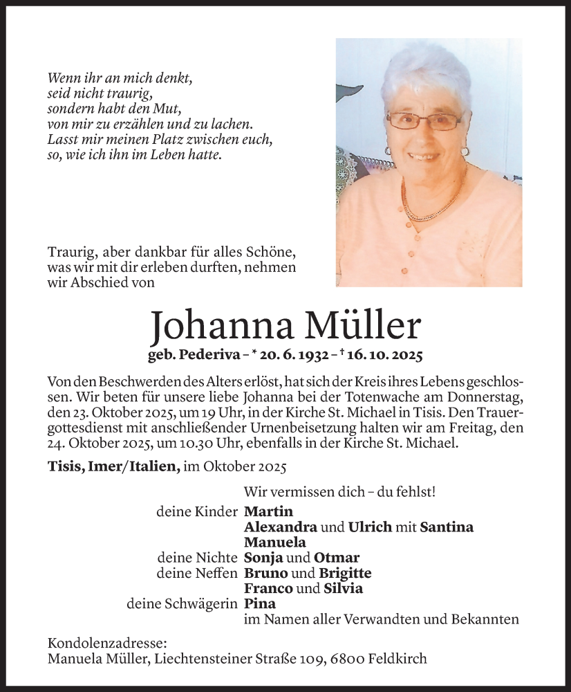  Todesanzeige für Johanna Müller vom 20.10.2025 aus Vorarlberger Nachrichten