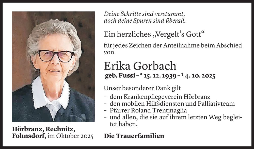 Todesanzeige für Erika Gorbach vom 24.10.2025 aus Vorarlberger Nachrichten