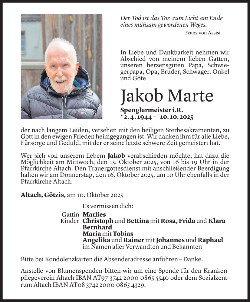 Todesanzeige für Jakob Marte vom 12.10.2025 aus Vorarlberger Nachrichten