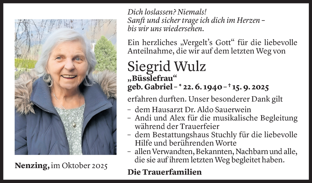  Todesanzeige für Siegrid Wulz vom 16.10.2025 aus Vorarlberger Nachrichten