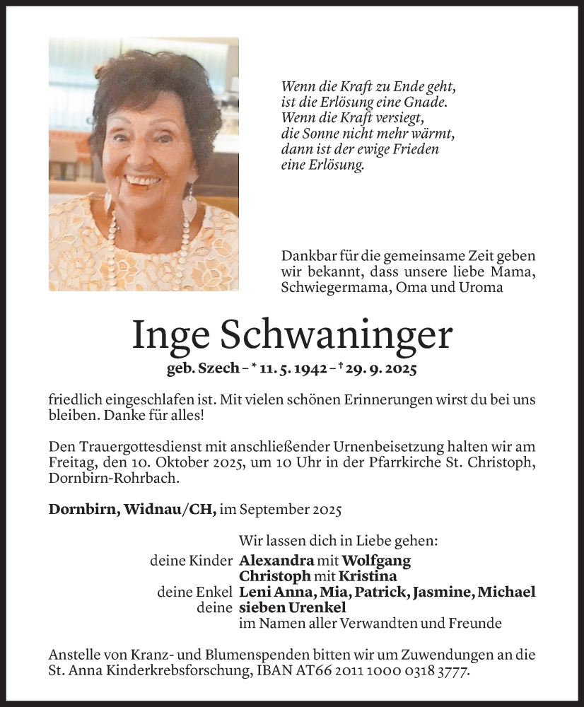  Todesanzeige für Inge Schwaninger vom 06.10.2025 aus Vorarlberger Nachrichten
