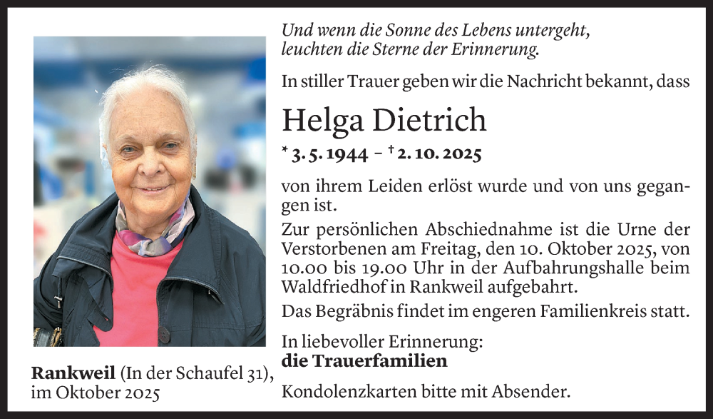  Todesanzeige für Helga Dietrich vom 08.10.2025 aus Vorarlberger Nachrichten