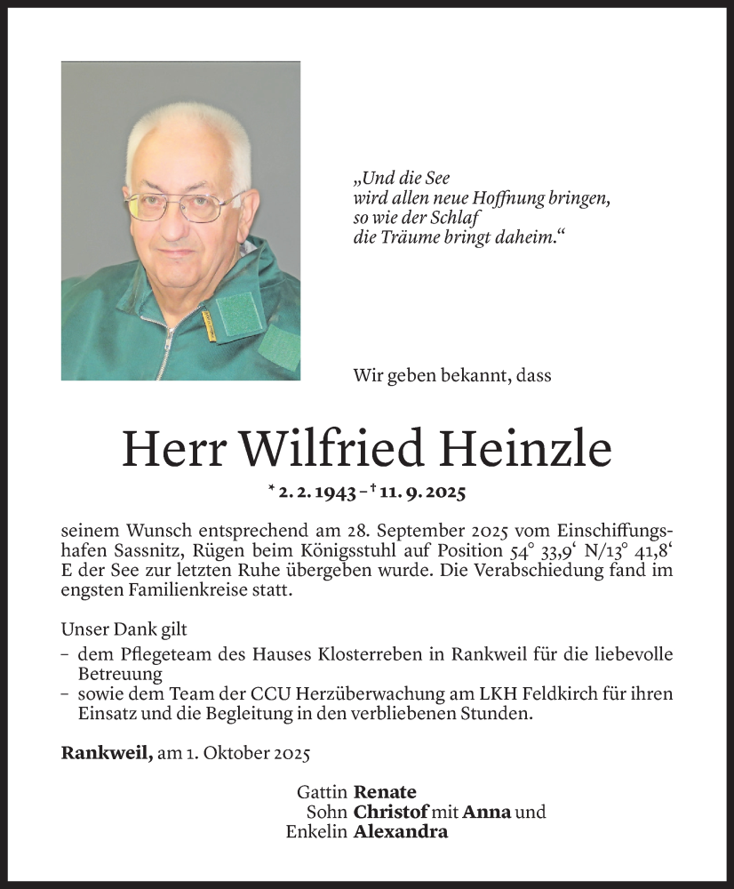  Todesanzeige für Wilfried Heinzle vom 03.10.2025 aus Vorarlberger Nachrichten
