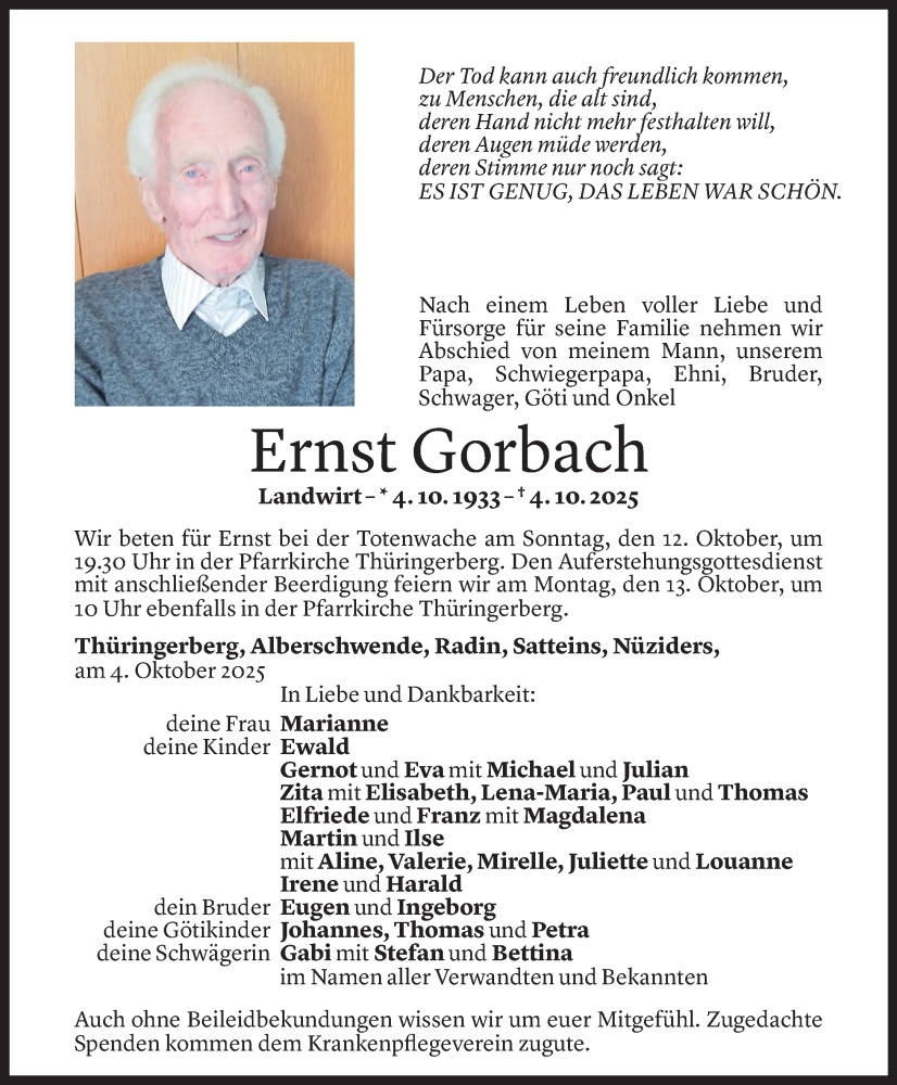  Todesanzeige für Ernst Gorbach vom 06.10.2025 aus Vorarlberger Nachrichten