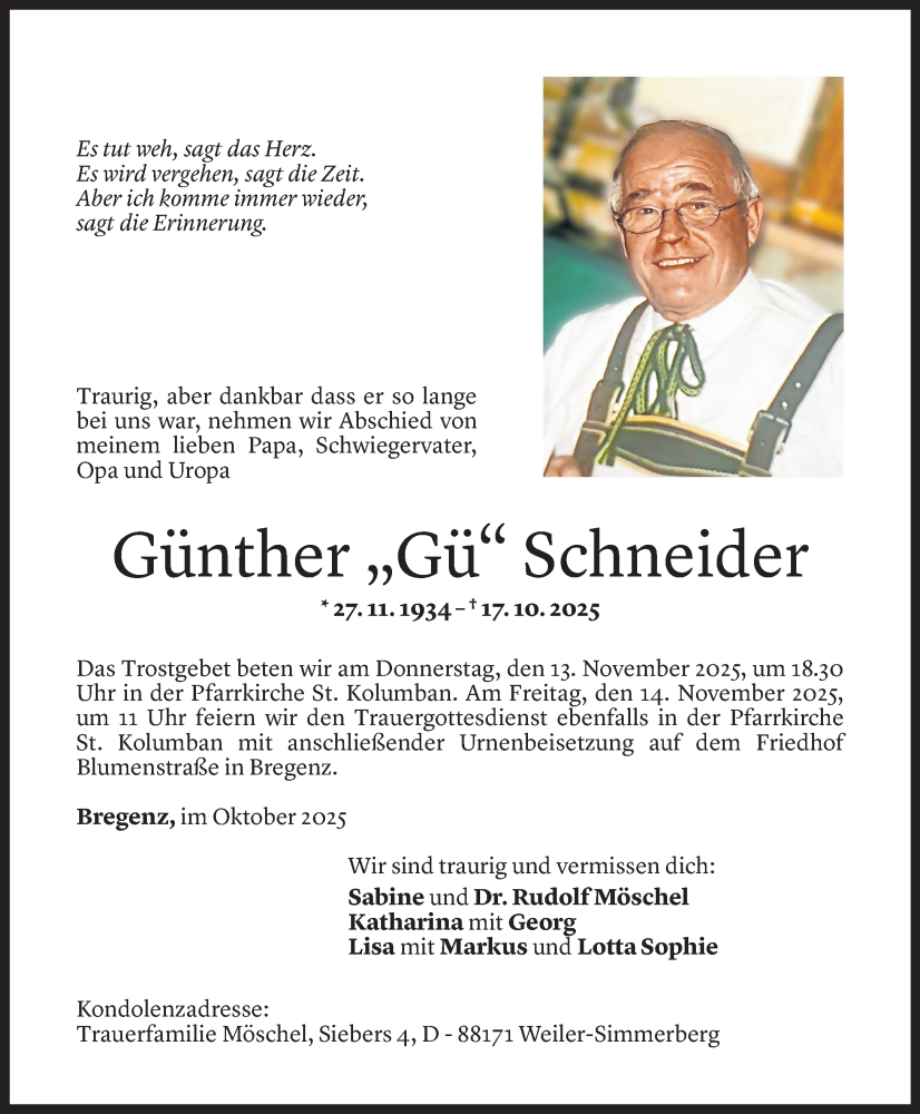  Todesanzeige für Günther Schneider vom 30.10.2025 aus Vorarlberger Nachrichten