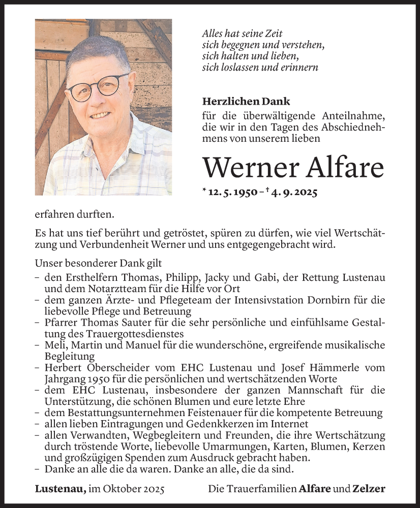 Todesanzeige für Werner Alfare vom 09.10.2025 aus Vorarlberger Nachrichten