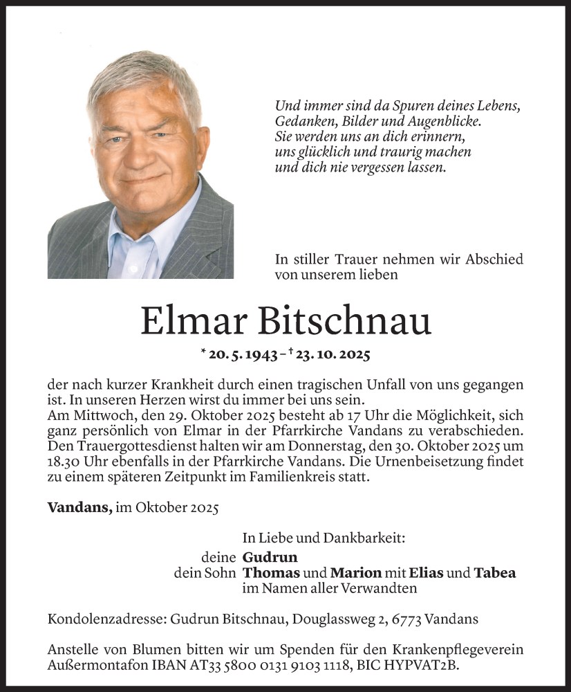  Todesanzeige für Elmar Bitschnau vom 28.10.2025 aus Vorarlberger Nachrichten