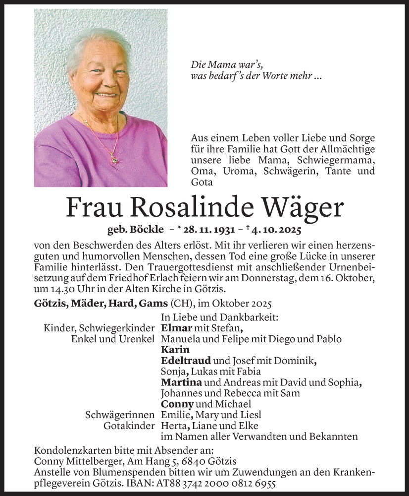  Todesanzeige für Rosalinde Wäger vom 12.10.2025 aus Vorarlberger Nachrichten