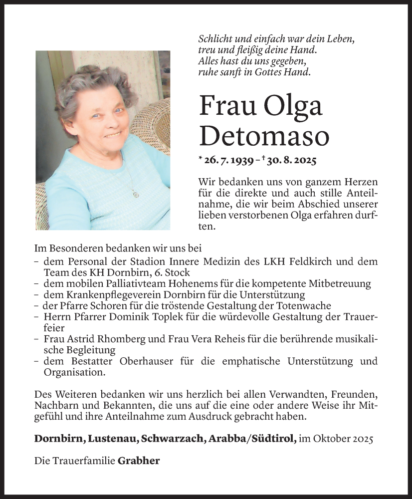  Todesanzeige für Olga Detomaso vom 03.10.2025 aus Vorarlberger Nachrichten