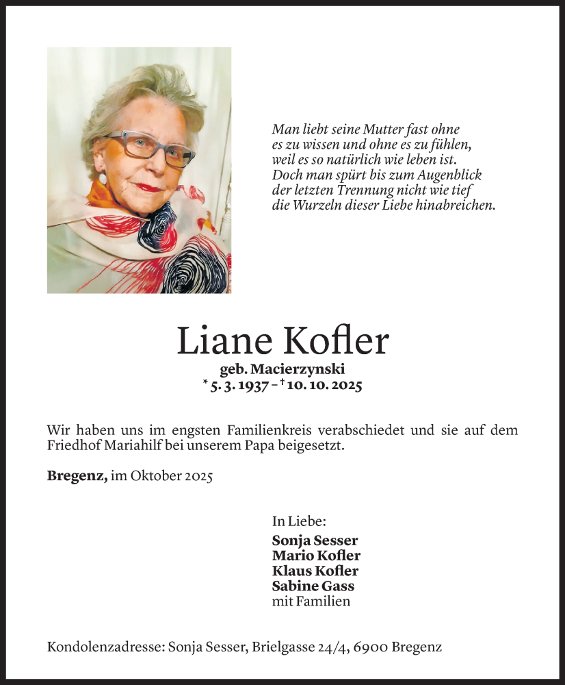  Todesanzeige für Liane Kofler vom 25.10.2025 aus Vorarlberger Nachrichten