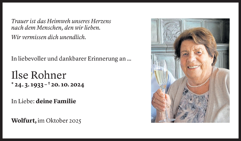  Todesanzeige für Ilse Rohner vom 18.10.2025 aus Vorarlberger Nachrichten