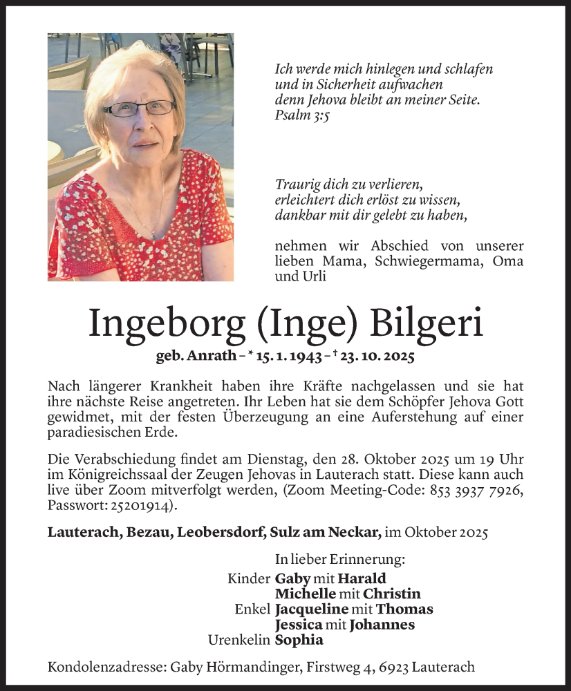  Todesanzeige für Ingeborg Bilgeri vom 26.10.2025 aus Vorarlberger Nachrichten