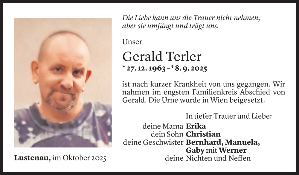  Todesanzeige für Gerald Terler vom 04.10.2025 aus Vorarlberger Nachrichten