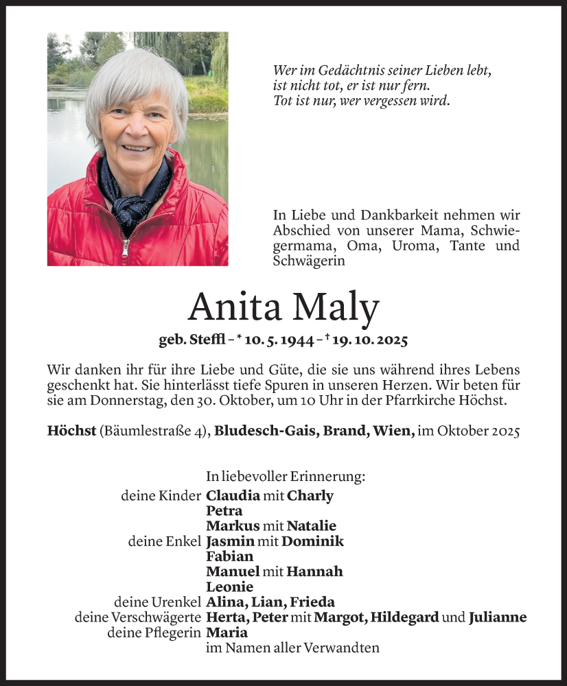  Todesanzeige für Anita Maly vom 23.10.2025 aus Vorarlberger Nachrichten