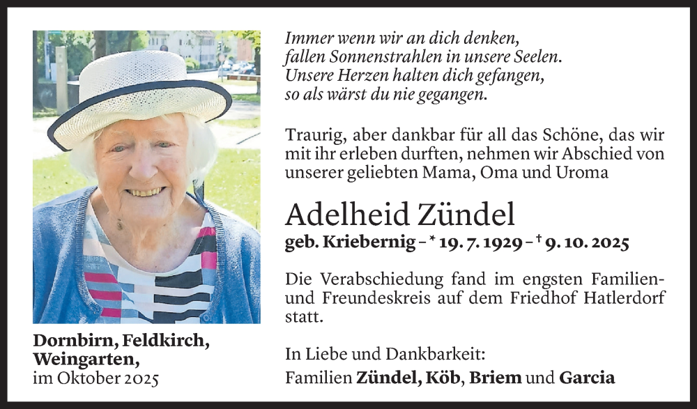  Todesanzeige für Adelheid Zündel vom 18.10.2025 aus Vorarlberger Nachrichten