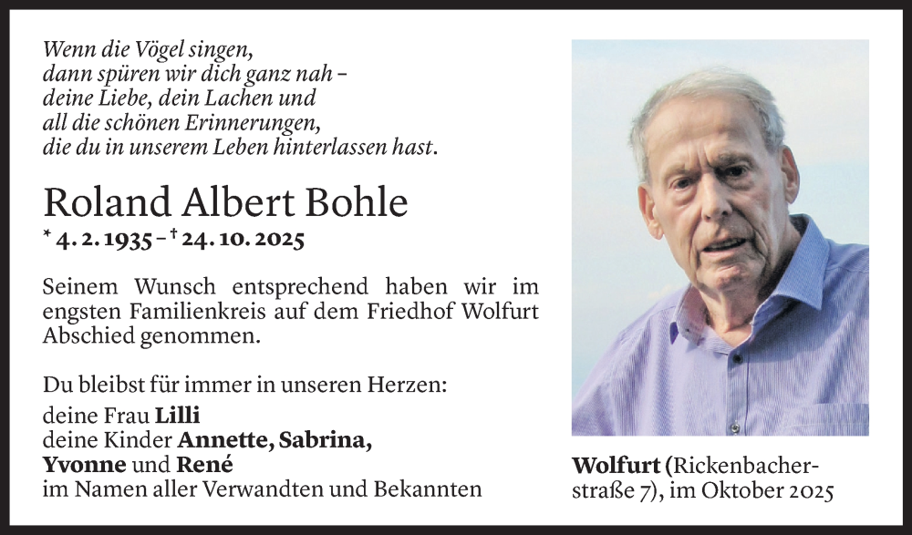  Todesanzeige für Roland Albert Bohle vom 31.10.2025 aus Vorarlberger Nachrichten