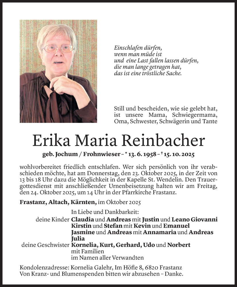  Todesanzeige für Erika Maria Reinbacher vom 17.10.2025 aus Vorarlberger Nachrichten