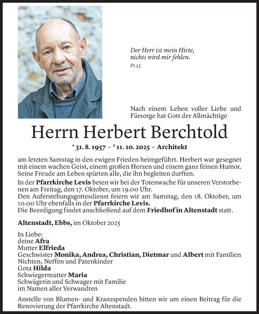 Todesanzeige für Herbert Berchtold vom 15.10.2025 aus Vorarlberger Nachrichten