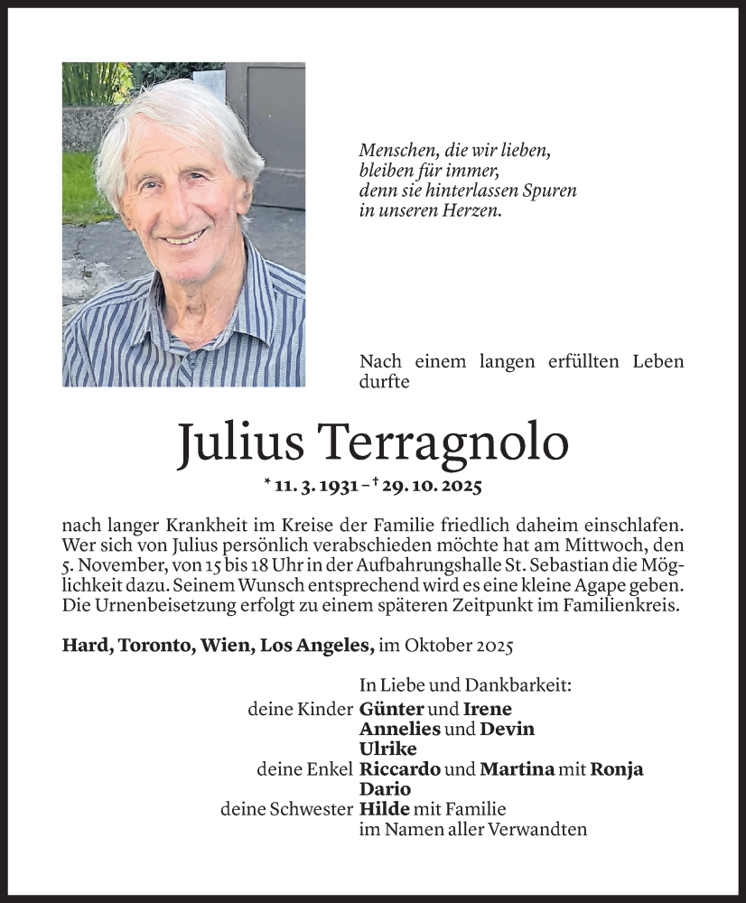  Todesanzeige für Julius Terragnolo vom 02.11.2025 aus Vorarlberger Nachrichten