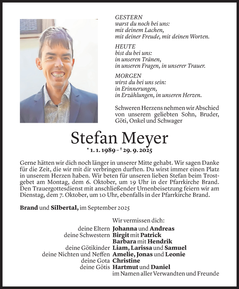  Todesanzeige für Stefan Meyer vom 03.10.2025 aus Vorarlberger Nachrichten