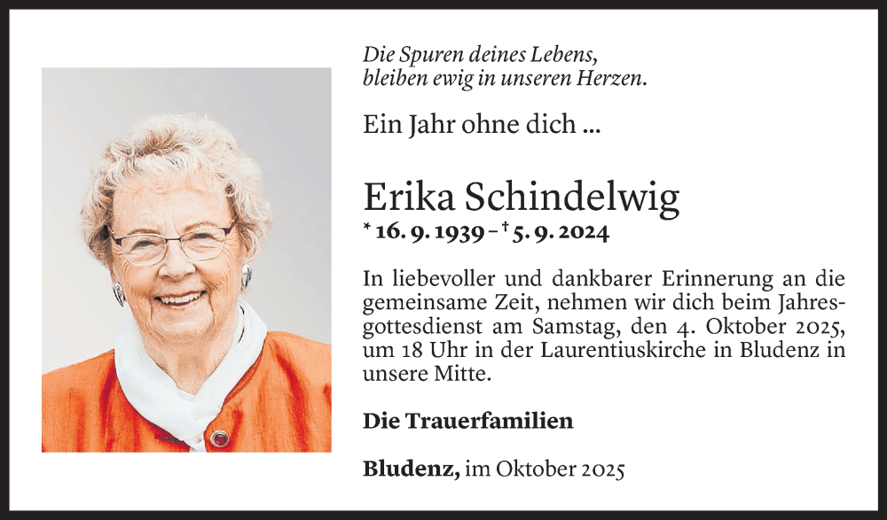  Todesanzeige für Erika Maria Schindelwig vom 02.10.2025 aus Vorarlberger Nachrichten