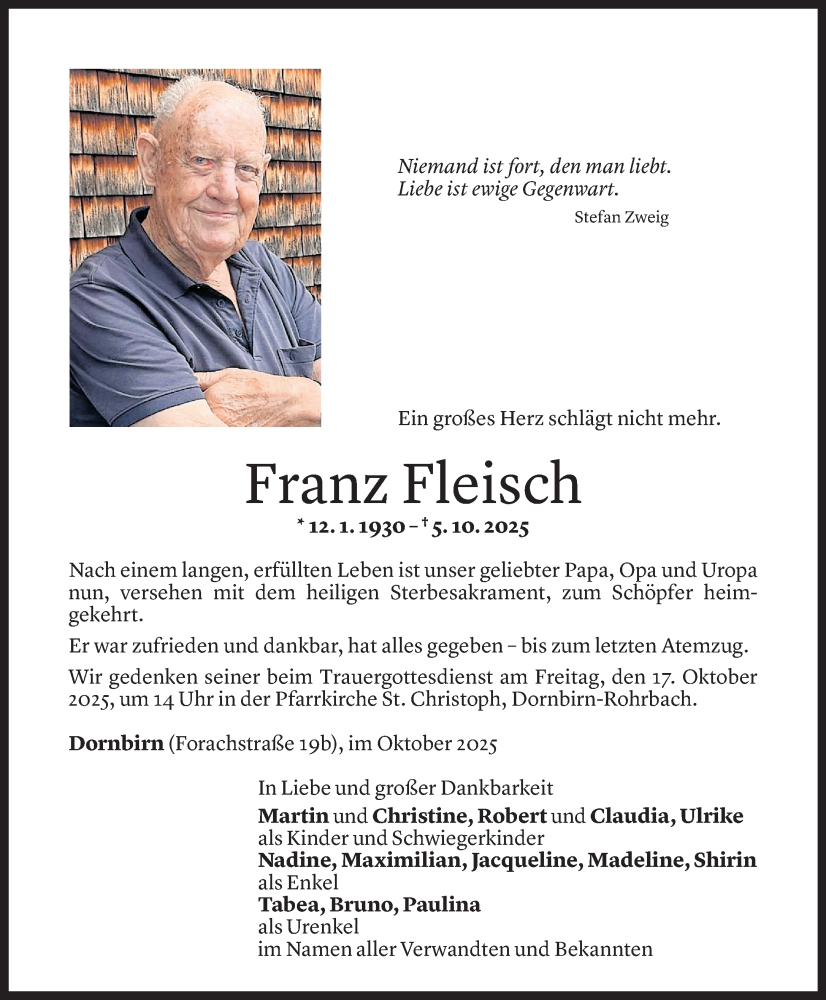 Todesanzeige für Franz Fleisch vom 13.10.2025 aus Vorarlberger Nachrichten