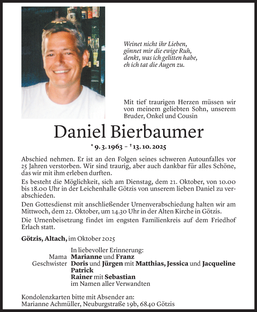  Todesanzeige für Daniel Bierbaumer vom 15.10.2025 aus Vorarlberger Nachrichten