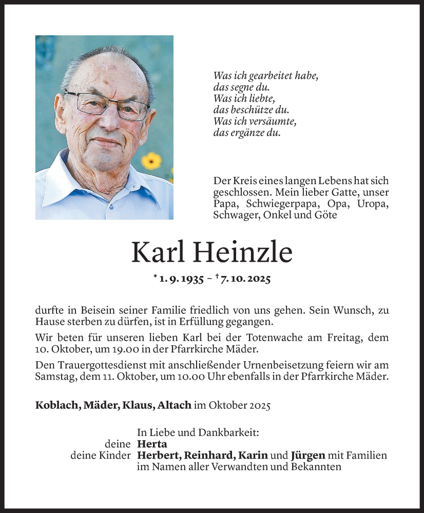  Todesanzeige für Karl Heinzle vom 08.10.2025 aus Vorarlberger Nachrichten