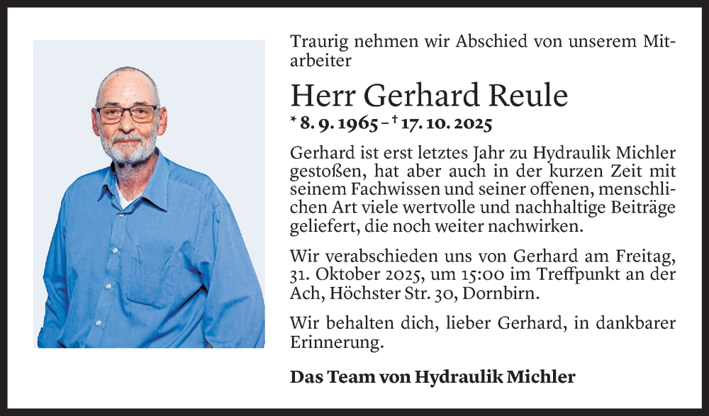  Todesanzeige für Gerhard Reule vom 29.10.2025 aus Vorarlberger Nachrichten