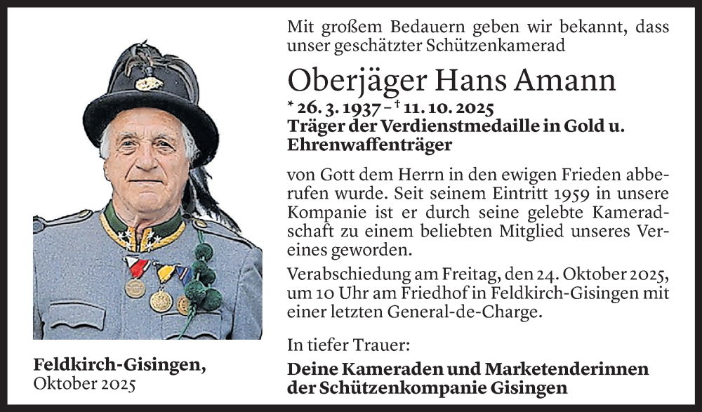  Todesanzeige für Johann Amann vom 20.10.2025 aus Vorarlberger Nachrichten