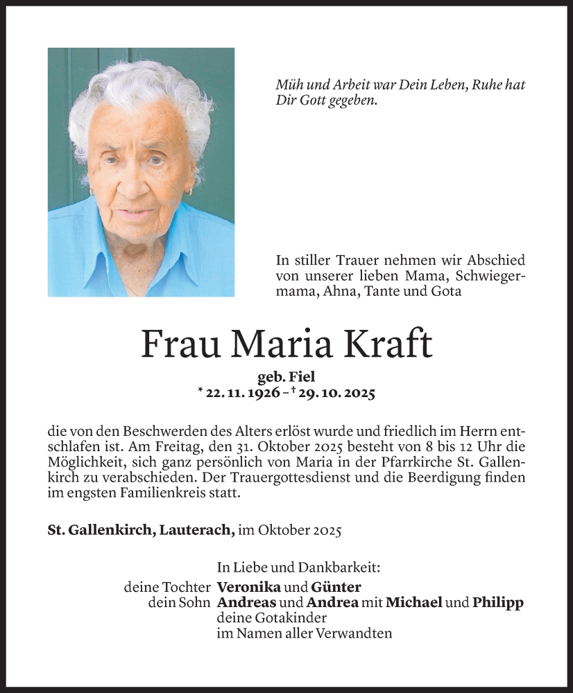  Todesanzeige für Maria Kraft vom 31.10.2025 aus Vorarlberger Nachrichten