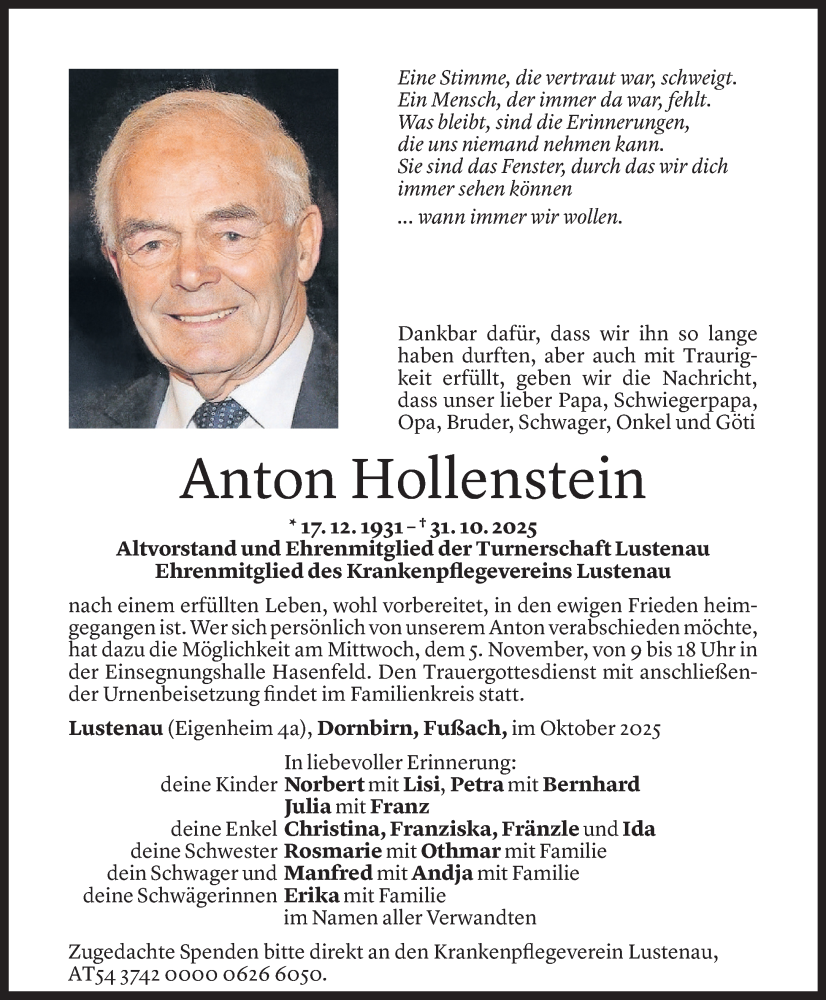  Todesanzeige für Anton Hollenstein vom 02.11.2025 aus Vorarlberger Nachrichten