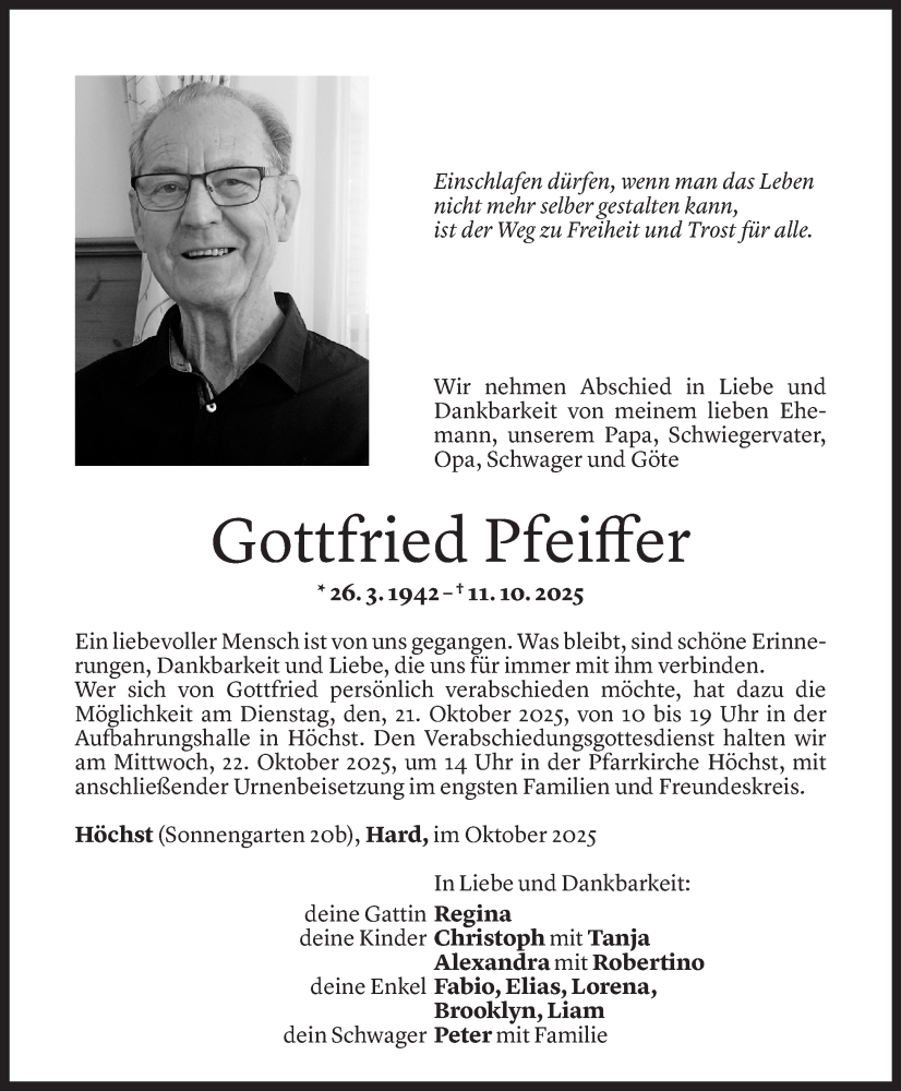  Todesanzeige für Gottfried Pfeiffer vom 14.10.2025 aus Vorarlberger Nachrichten
