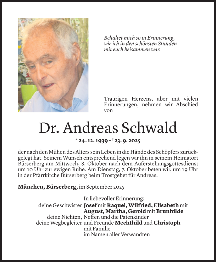  Todesanzeige für Andreas Schwald vom 04.10.2025 aus Vorarlberger Nachrichten