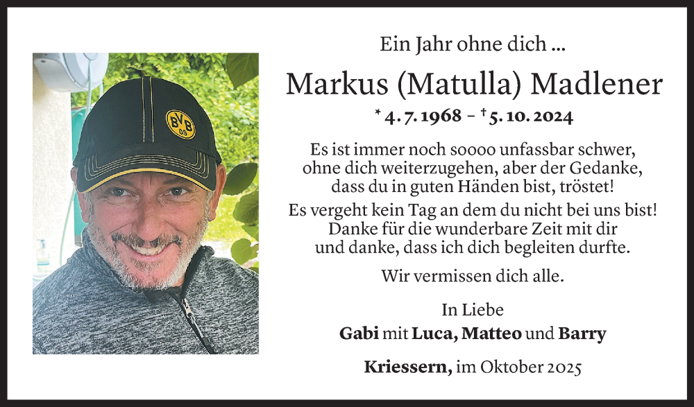 Todesanzeige für Markus Madlener vom 04.10.2025 aus Vorarlberger Nachrichten