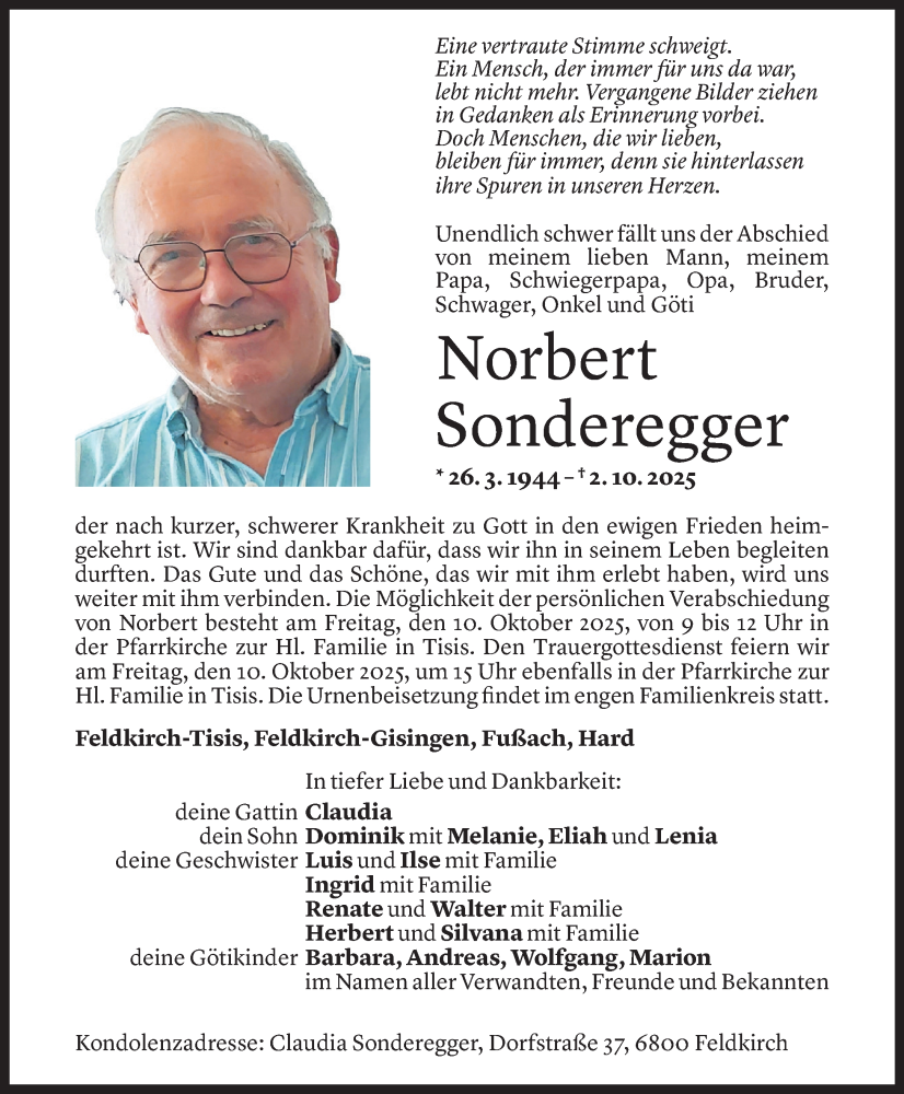 Todesanzeige für Norbert Sonderegger vom 07.10.2025 aus Vorarlberger Nachrichten
