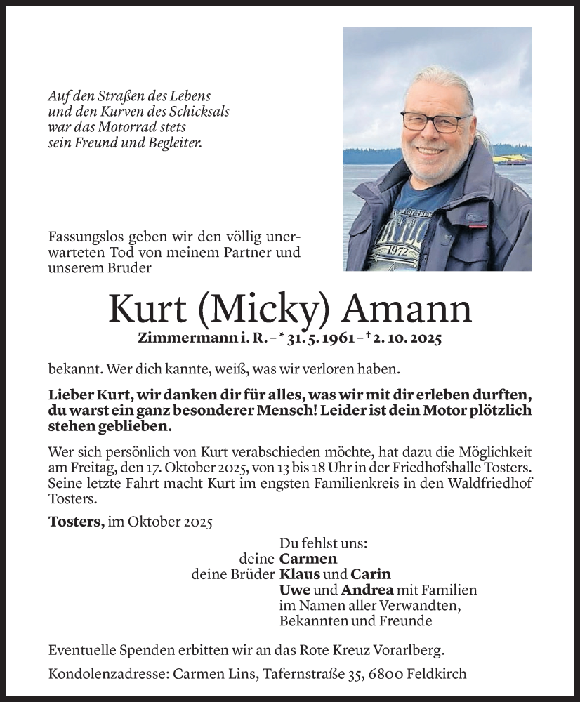  Todesanzeige für Kurt Amann vom 14.10.2025 aus Vorarlberger Nachrichten