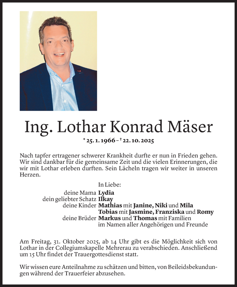 Todesanzeige für Lothar Konrad Mäser vom 24.10.2025 aus Vorarlberger Nachrichten