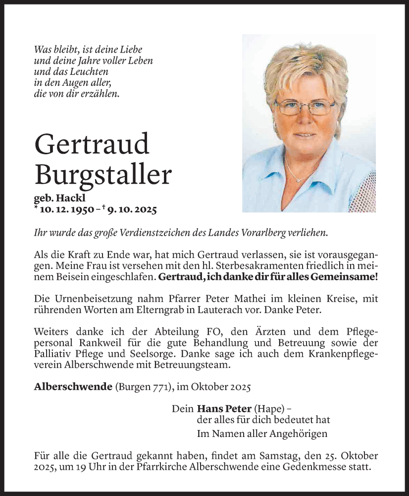  Todesanzeige für Gertraud Burgstaller vom 17.10.2025 aus Vorarlberger Nachrichten