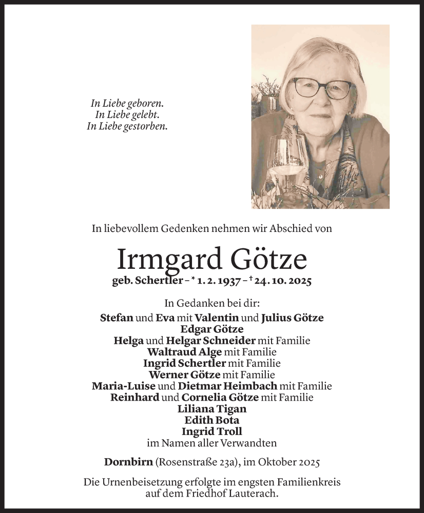  Todesanzeige für Irmgard Götze vom 05.11.2025 aus Vorarlberger Nachrichten