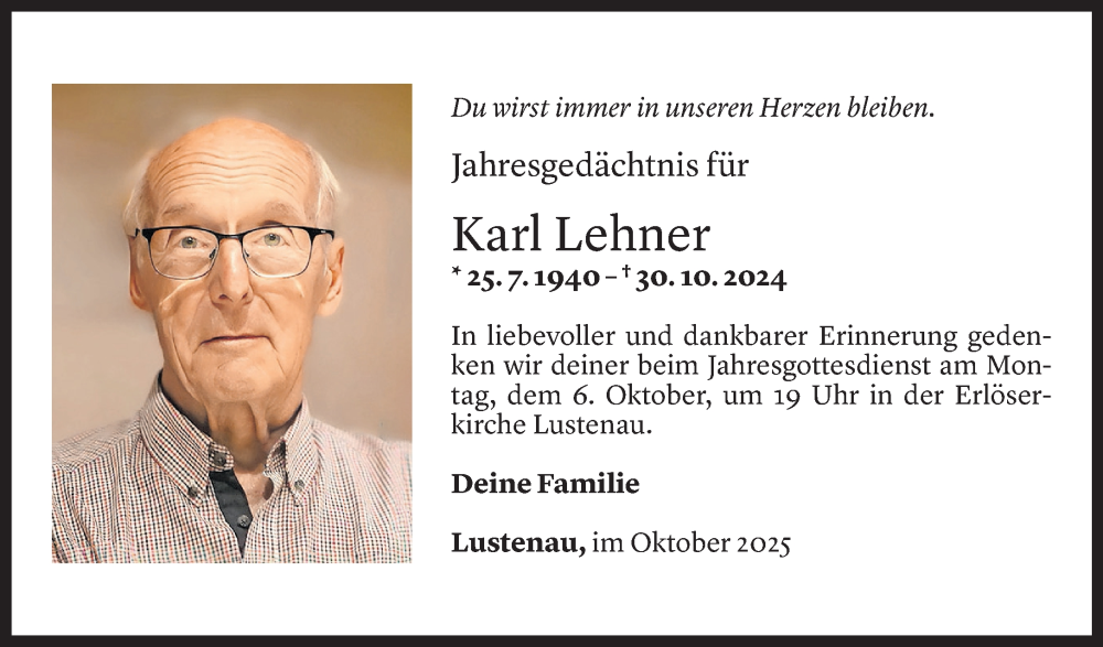  Todesanzeige für Karl Lehner vom 03.10.2025 aus Vorarlberger Nachrichten