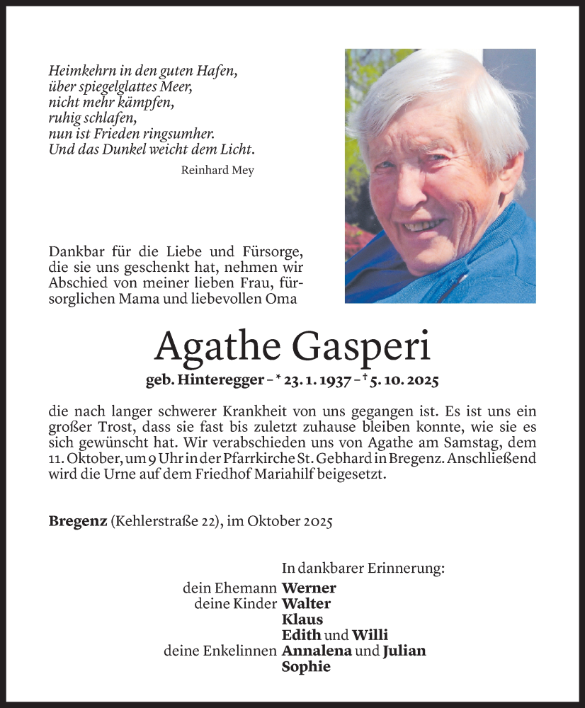 Todesanzeige für Agathe Gasperi vom 07.10.2025 aus Vorarlberger Nachrichten