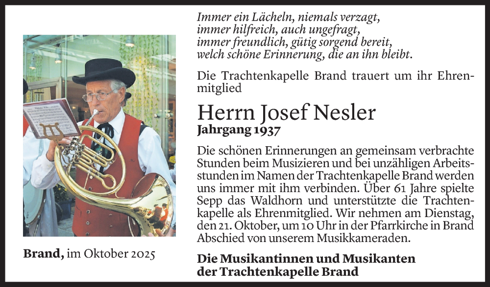  Todesanzeige für Josef Nesler vom 16.10.2025 aus Vorarlberger Nachrichten