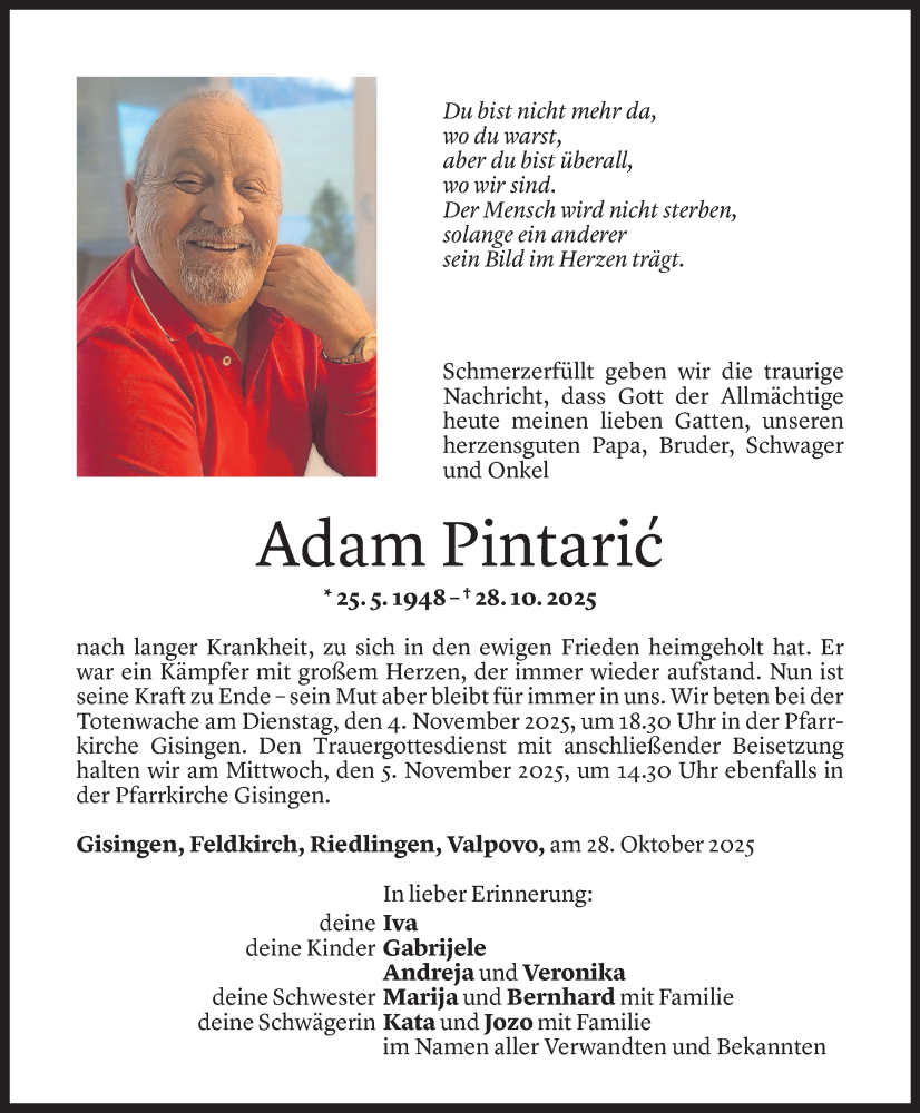  Todesanzeige für Adam Pintaric vom 30.10.2025 aus Vorarlberger Nachrichten