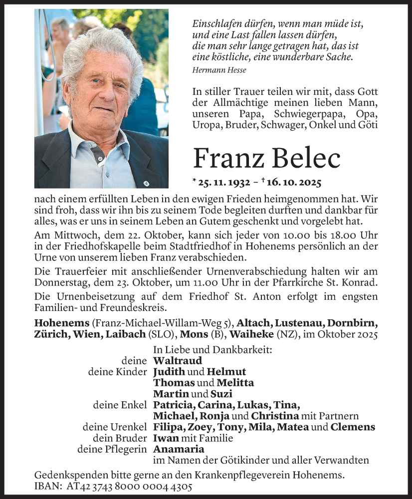  Todesanzeige für Franz Belec vom 20.10.2025 aus Vorarlberger Nachrichten